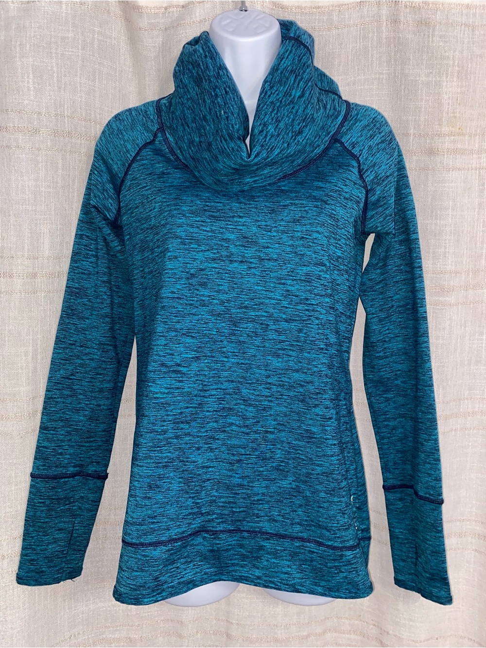 Reebok Space Dye Cowl Neck Pullover Sweatshirt Thumbholes Teal Blue Womens M - Picture 2 of 8